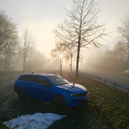 Bei diffusem Licht durch den Nebel passt der kobaltblaue Astra farblich ...